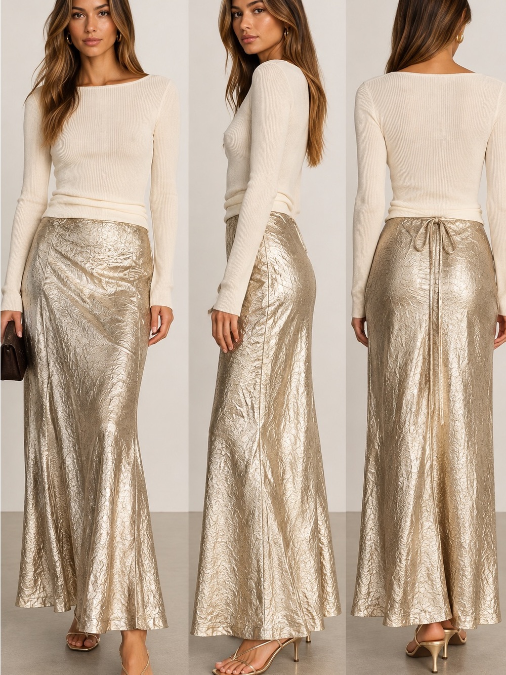 Massimo Dutti Metallic Gold Crinkle Satin Maxi Skirt Backless Tie Waist XS